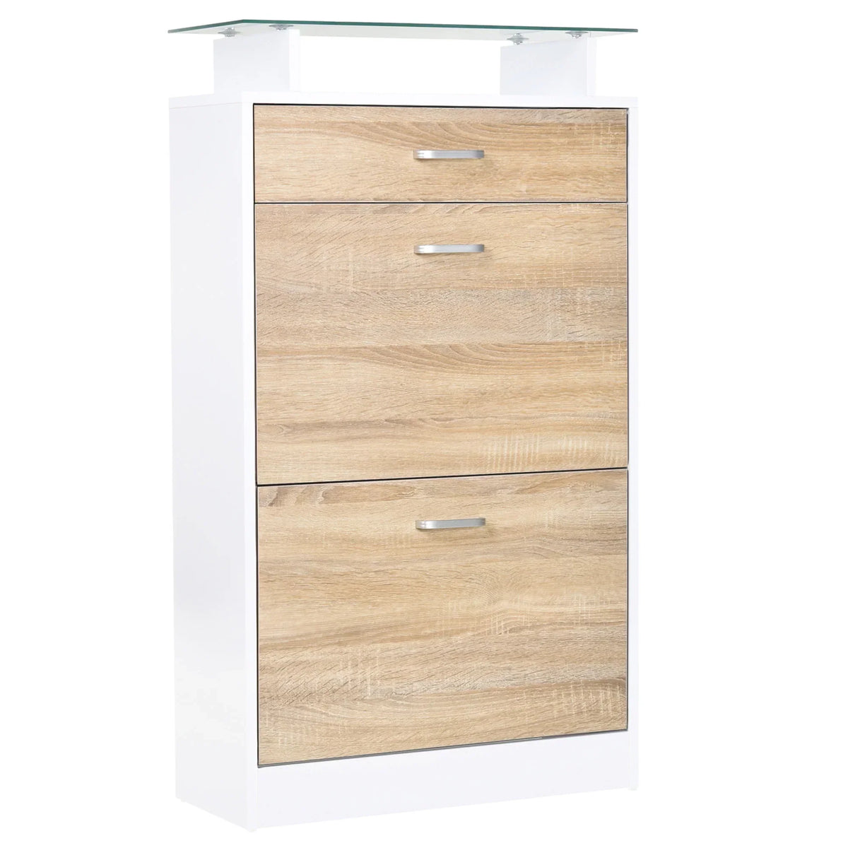 HOMCOM Scarpiera a 3 Ante con Mensole in Vetro e Maniglie in Alluminio, Carico 50 kg, 60x24x105,5 cm - Colore Naturale