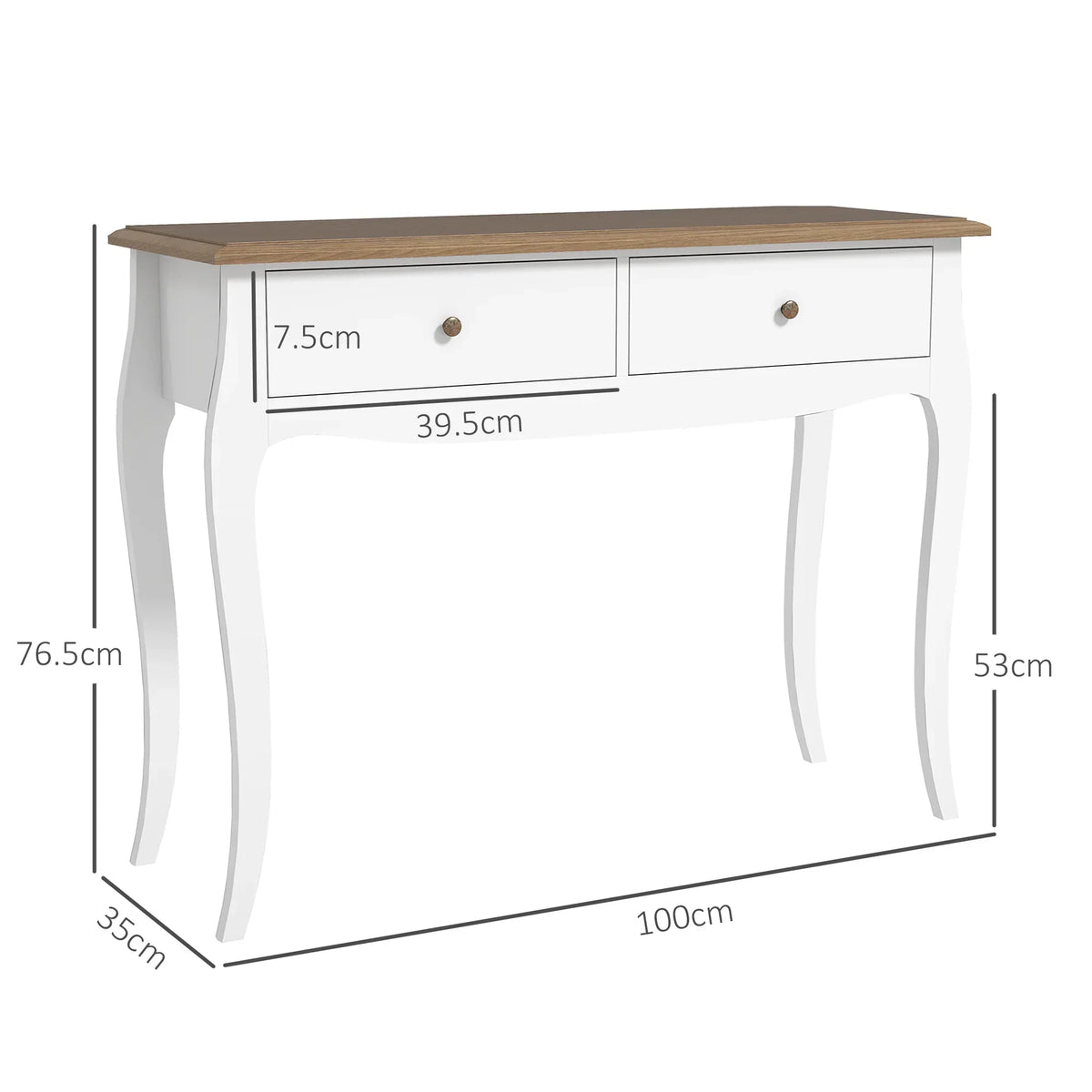 HOMCOM Tavolo Consolle in Stile Francese con 2 Cassetti per Ingresso Camera da Letto Soggiorno, 100x35x76,5 cm, Bianco e Marrone Scuro