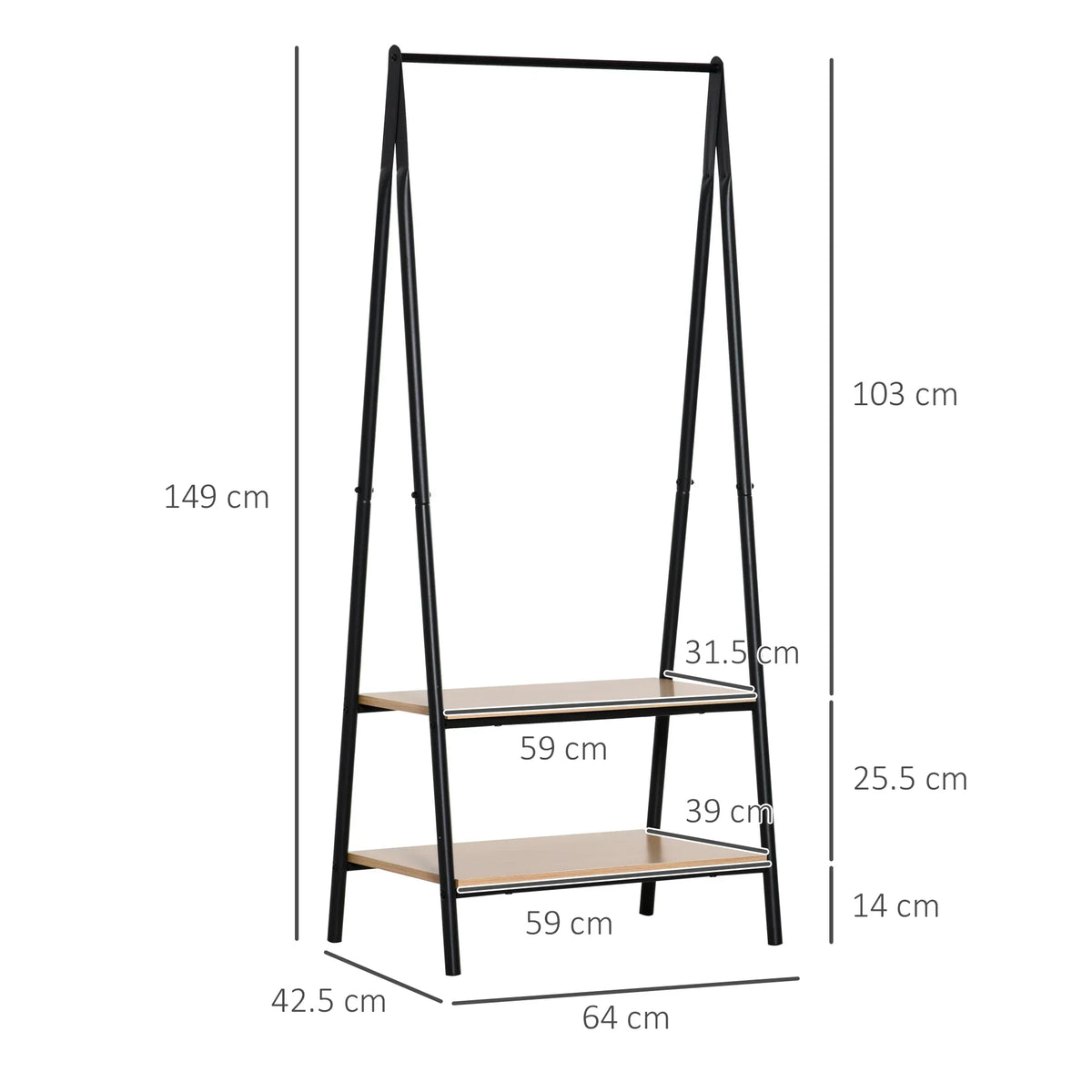 HOMCOM Appendiabiti con scarpiera, portaoggetti, metallo + legno nero + naturale 64 x 42,5 x 149 cm