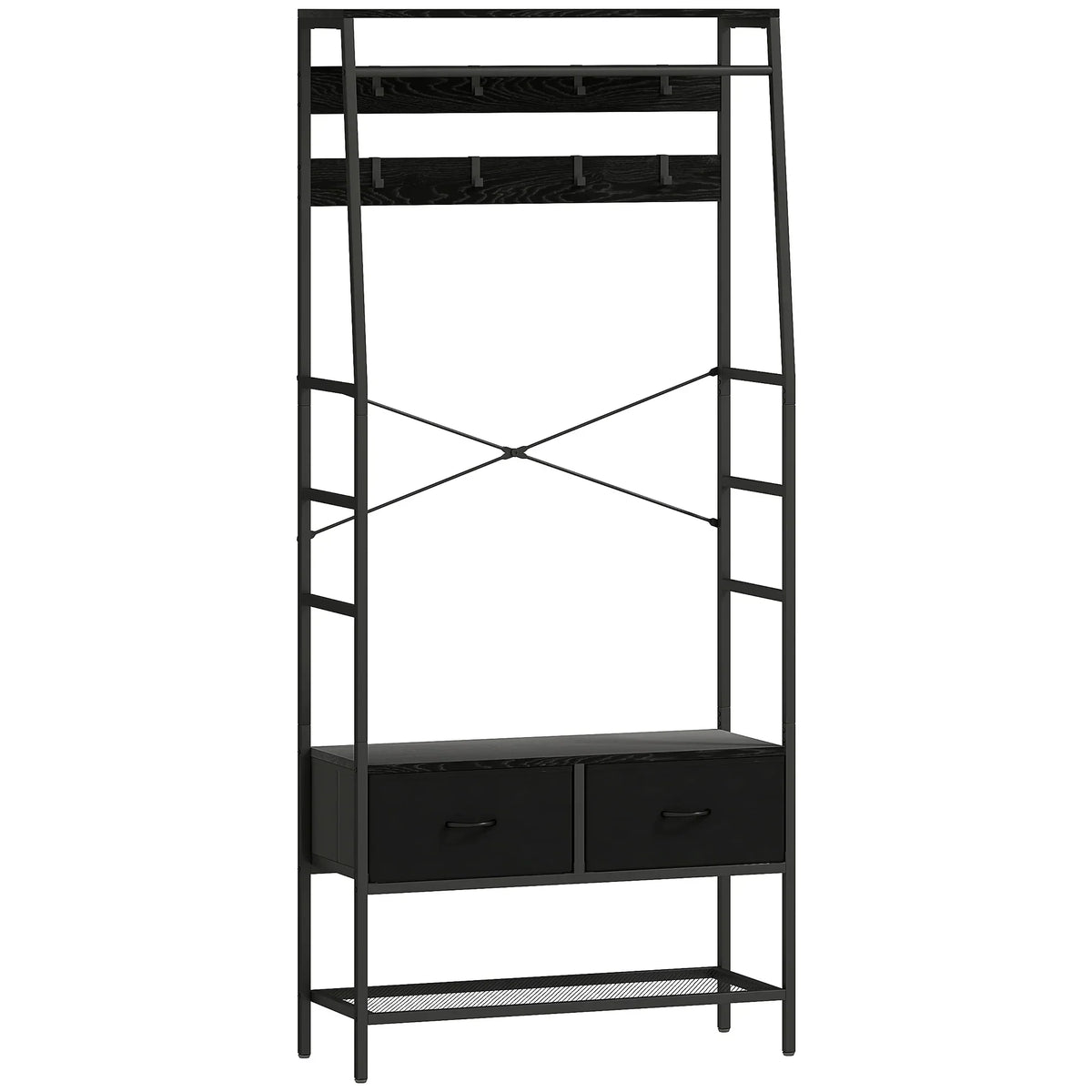 HOMCOM Appendiabiti, Asta Appendiabiti con Scarpiera, 2 Cassetti in Tessuto, Appendiabiti con 8 Ganci, Scaffale, Appendiabiti con Antiribaltamento, per Ingresso, Corridoio, Camera da Letto, Nero