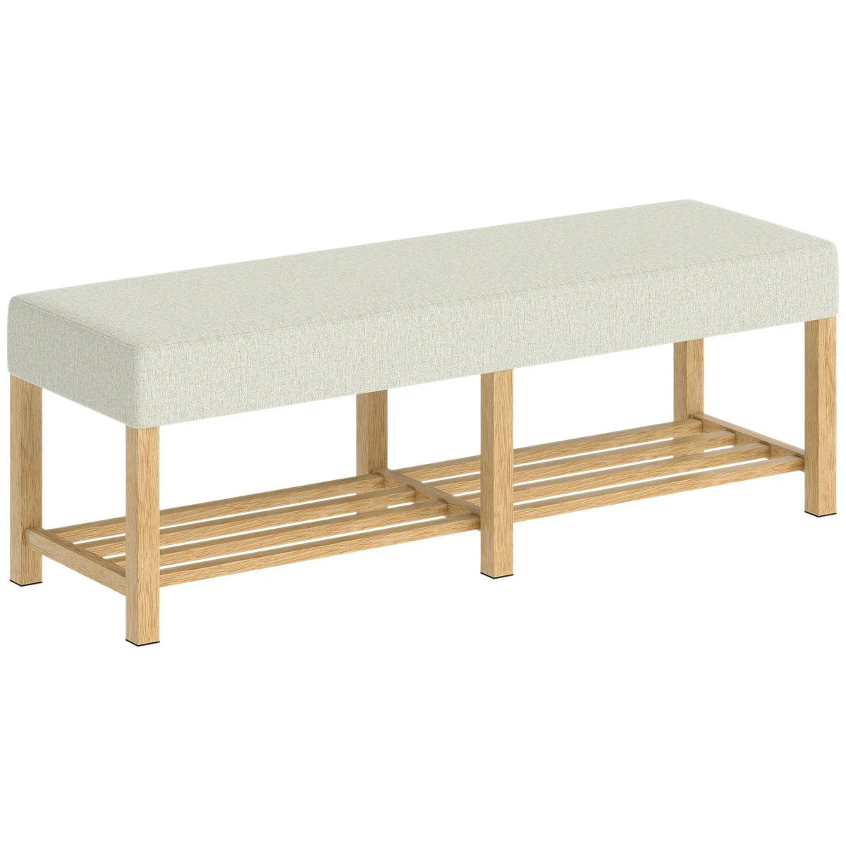 HOMCOM Panchina Scarpiera — Panchina moderna per ingresso con seduta imbottita per 2, scarpiera aperta, legno di gomma, per ingresso, corridoio, soggiorno, 140 x 44 x 48 cm, crema e legno naturale