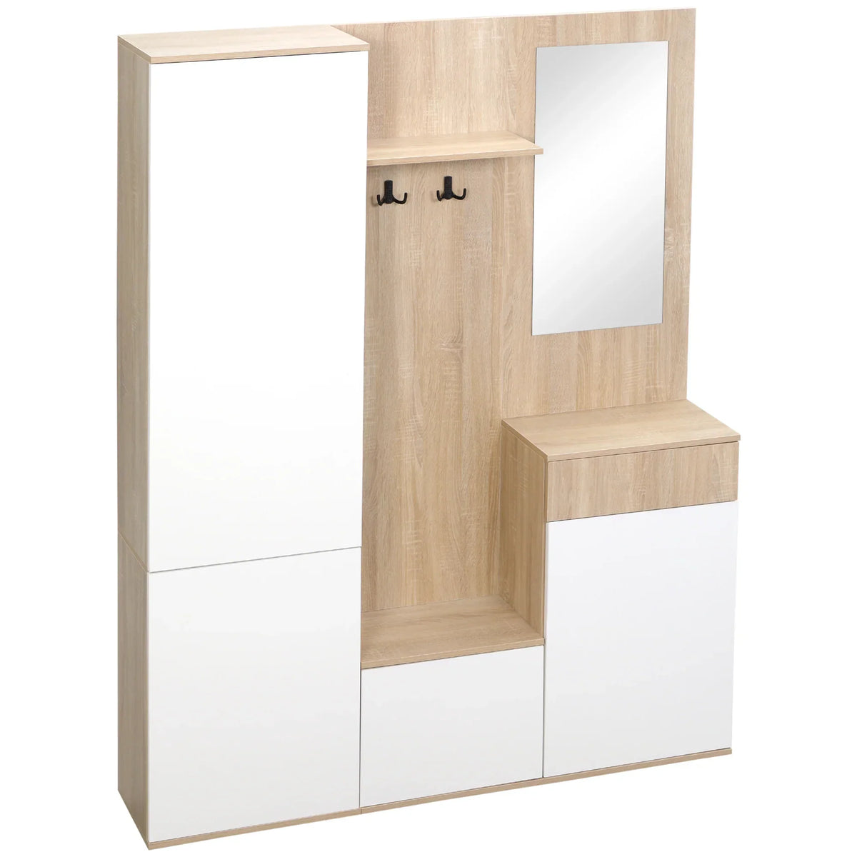 HOMCOM Appendiabiti 4-in-1 con Specchio, Ganci e Ripiani Regolabili, Mobile Multifunzionale da Ingresso in Legno con Cassetto, 145x29x184 cm, Legno Naturale e Bianco