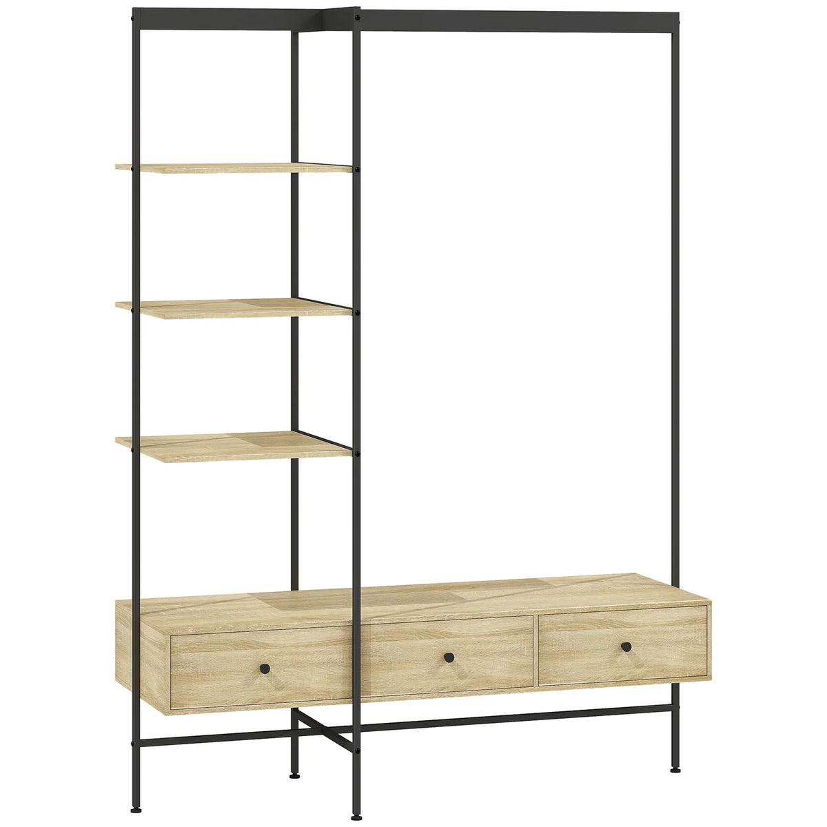 HOMCOM 4-in-1 Appendiabiti Autoportante con Ripiani, Cassetti e Asta Appendiabiti – Effetto Rovere, Struttura in Metallo, Antiribaltamento (H 180 cm)
