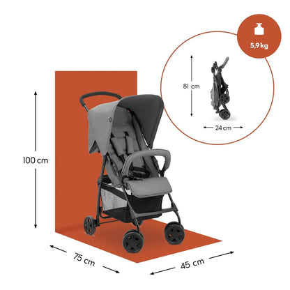 hauck Buggy Sport, Grigio - Passeggino da viaggio leggerissimo 5,9 kg - con funzione reclinabile per bambini dalla nascita fino a 15 kg - Pieghevole, Cestino grande fino a 3 kg