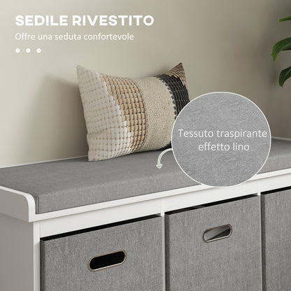 HOMCOM Panca Scarpiera da Ingresso con 3 Cassetti, Mobile Contenitore per Scarpe con Rivestimento in Legno e Tessuto, Scarpiera per 3 Paia di Scarpe, per Soggiorno e Corridoio, 105x35x47 cm, Bianco