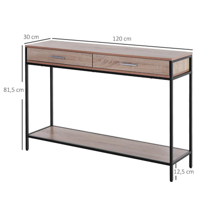 HOMCOM Tavolino Console Stile Industriale con Cassetti e Struttura in Acciaio per Ingresso 120x30x81,5 cm Rovere