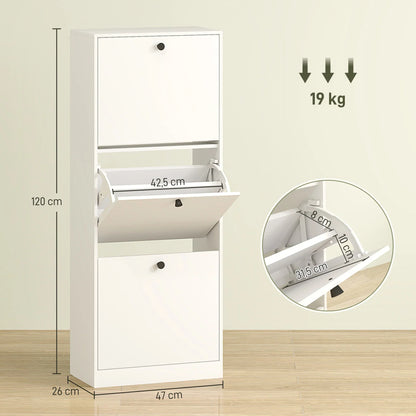 HOMCOM Scarpiera con 3 Ante a Ribalta, Scarpiera da Ingresso con Scomparto Regolabile, Scarpiera Slim per 12 Paia di Scarpe 47 x 26 x 120 cm, Bianco