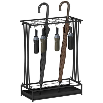 HOMCOM Portaombrelli in Acciaio Portaombrelli Rettangolare con 24 Ganci, 21 Aperture, Vassoio Raccogli Gocce Rimovibile per Bastoni da Passeggio e Ombrelli 50 x 24 x 68 cm Nero