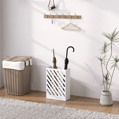 HOMCOM Portaombrelli con 4 Ganci e Vaschetta Raccogligocce Removibile - Portaombrelli per Bastoni da Passeggio e Ombrelli, Acciaio 28 x 14 x 41 cm Bianco