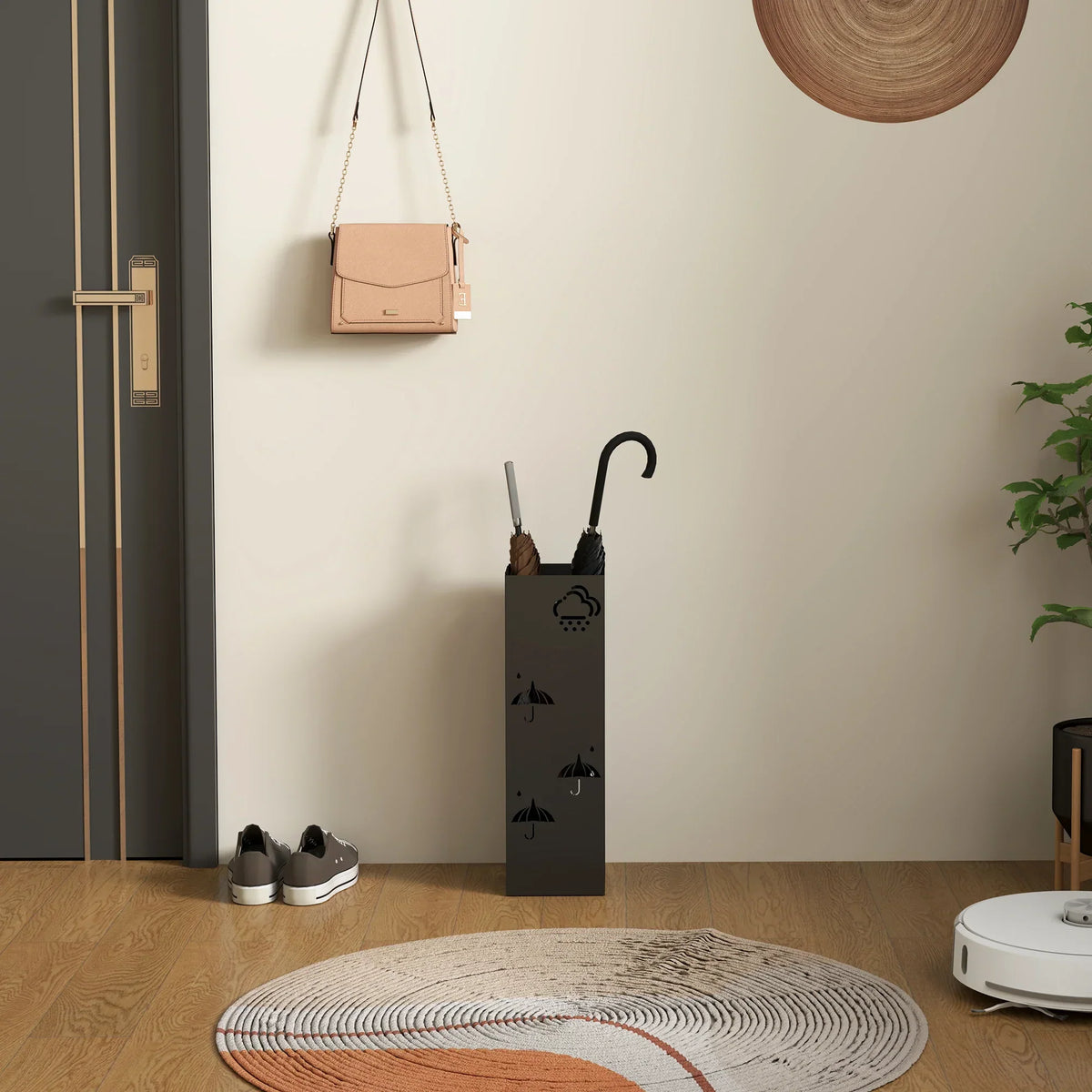 HOMCOM Portaombrelli con 4 Ganci, Vassoio Raccogligocce Rimovibile, Portaombrelli Decorativo per Ombrelloni da Sole, Giornate di Pioggia e Bastoni da Passeggio, Acciaio 15,5 x 15,5 x 49 cm Nero
