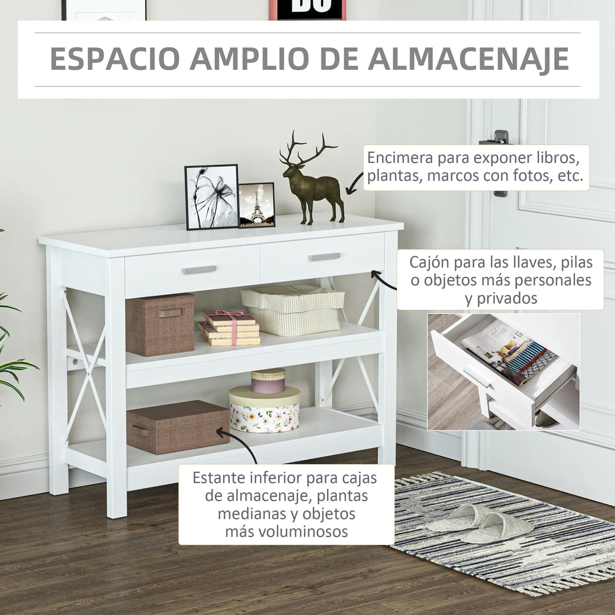 HOMCOM Consolle da Ingresso con 2 Cassetti e Ripiano Inferiore, Tavolino da Divano con Struttura in Metallo in Stile Moderno, 105x40x76 cm, Bianco