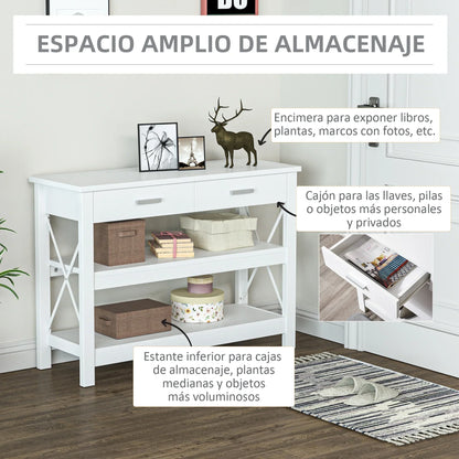 HOMCOM Consolle da Ingresso con 2 Cassetti e Ripiano Inferiore, Tavolino da Divano con Struttura in Metallo in Stile Moderno, 105x40x76 cm, Bianco