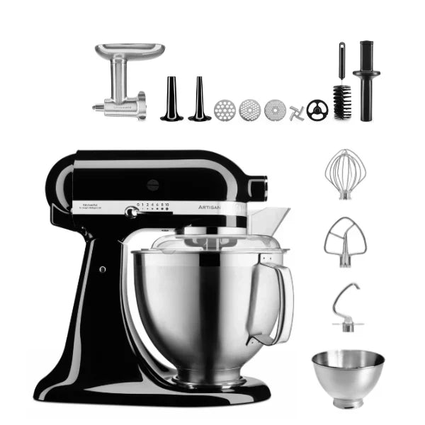 KitchenAid Robot da cucina Artisan 4,8 L 5KSM185 con tritacarne Meatlover in metallo 5KSMMGA misura 8 e accessorio per biscotti spritz