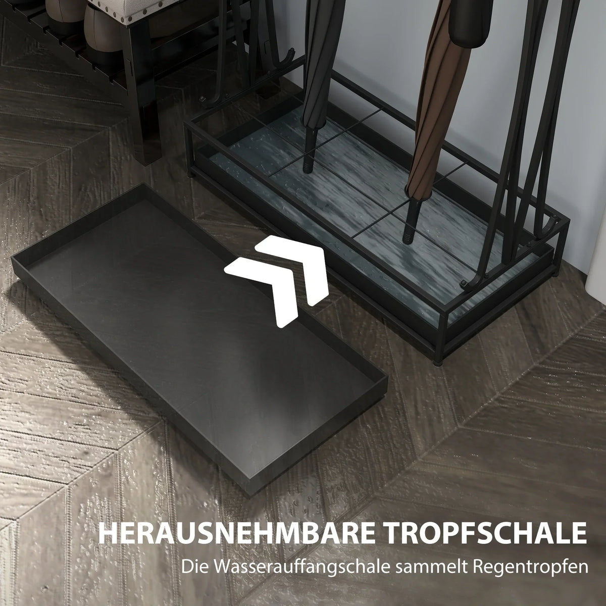 HOMCOM Portaombrelli in Acciaio Portaombrelli Rettangolare con 24 Ganci, 21 Aperture, Vassoio Raccogli Gocce Rimovibile per Bastoni da Passeggio e Ombrelli 50 x 24 x 68 cm Nero
