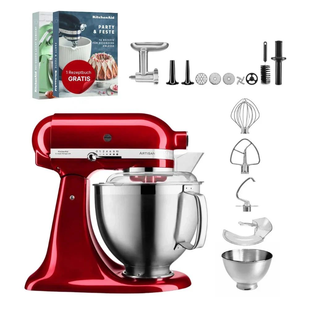 KitchenAid Robot da cucina Artisan 4,8 L 5KSM185 con tritacarne Meatlover in metallo 5KSMMGA misura 8 e accessorio per biscotti spritz