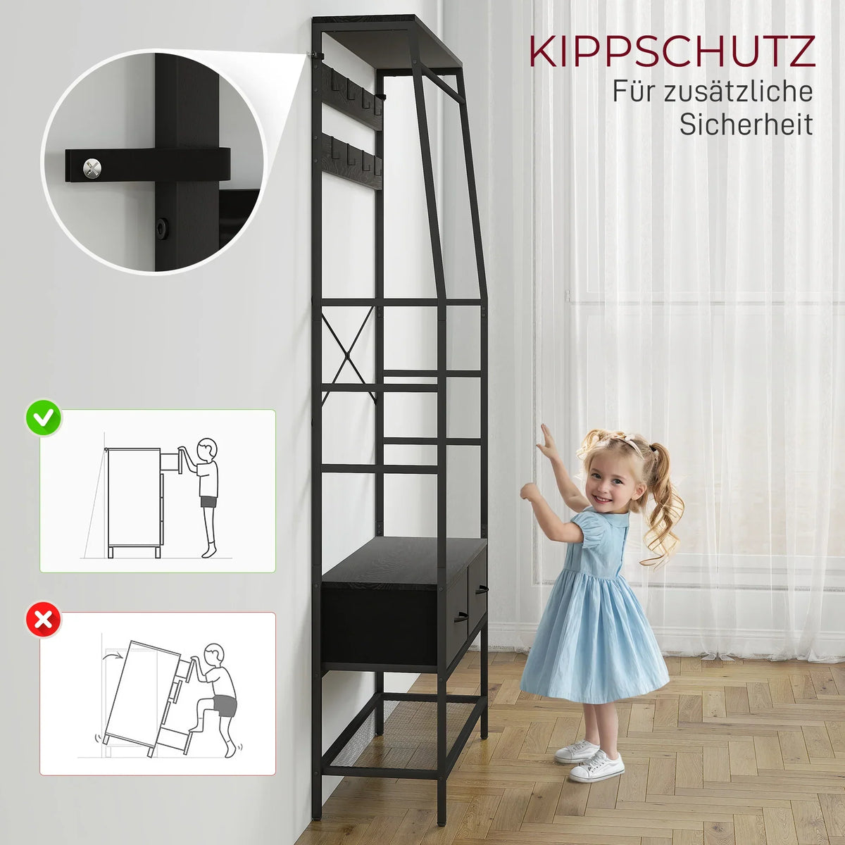 HOMCOM Appendiabiti, Asta Appendiabiti con Scarpiera, 2 Cassetti in Tessuto, Appendiabiti con 8 Ganci, Scaffale, Appendiabiti con Antiribaltamento, per Ingresso, Corridoio, Camera da Letto, Nero