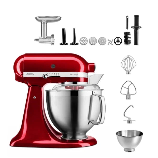 KitchenAid Robot da cucina Artisan 4,8 L 5KSM185 con tritacarne Meatlover in metallo 5KSMMGA misura 8 e accessorio per biscotti spritz