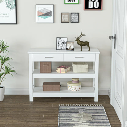 HOMCOM Consolle da Ingresso con 2 Cassetti e Ripiano Inferiore, Tavolino da Divano con Struttura in Metallo in Stile Moderno, 105x40x76 cm, Bianco