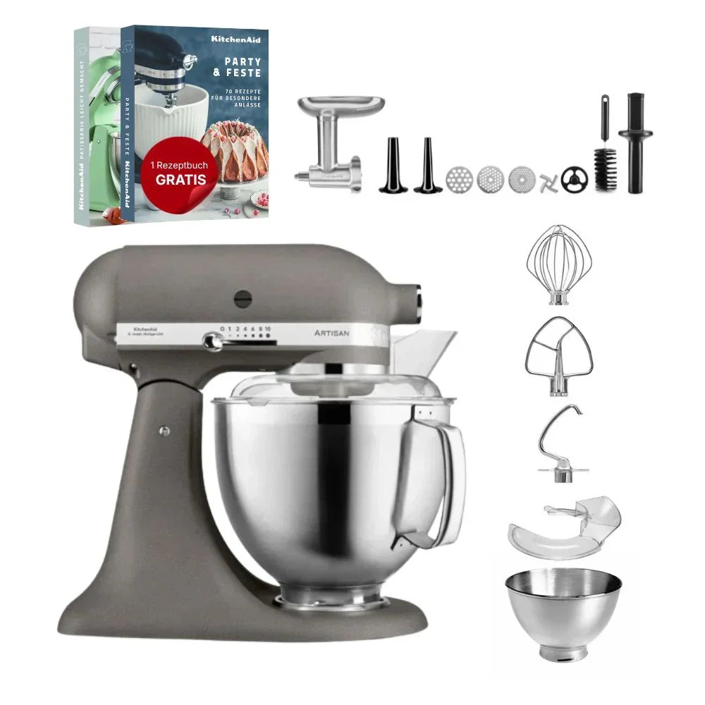KitchenAid Robot da cucina Artisan 4,8 L 5KSM185 con tritacarne Meatlover in metallo 5KSMMGA misura 8 e accessorio per biscotti spritz