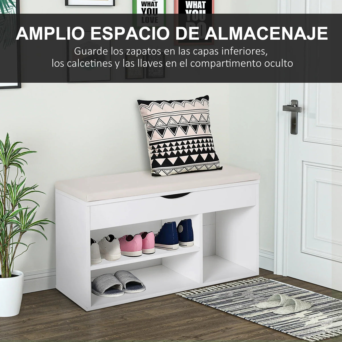 HOMCOM Scarpiera con seduta - Scarpiera moderna per ingresso con cassetto, ripiani aperti e 1 cuscino per corridoio 80x30x47cm