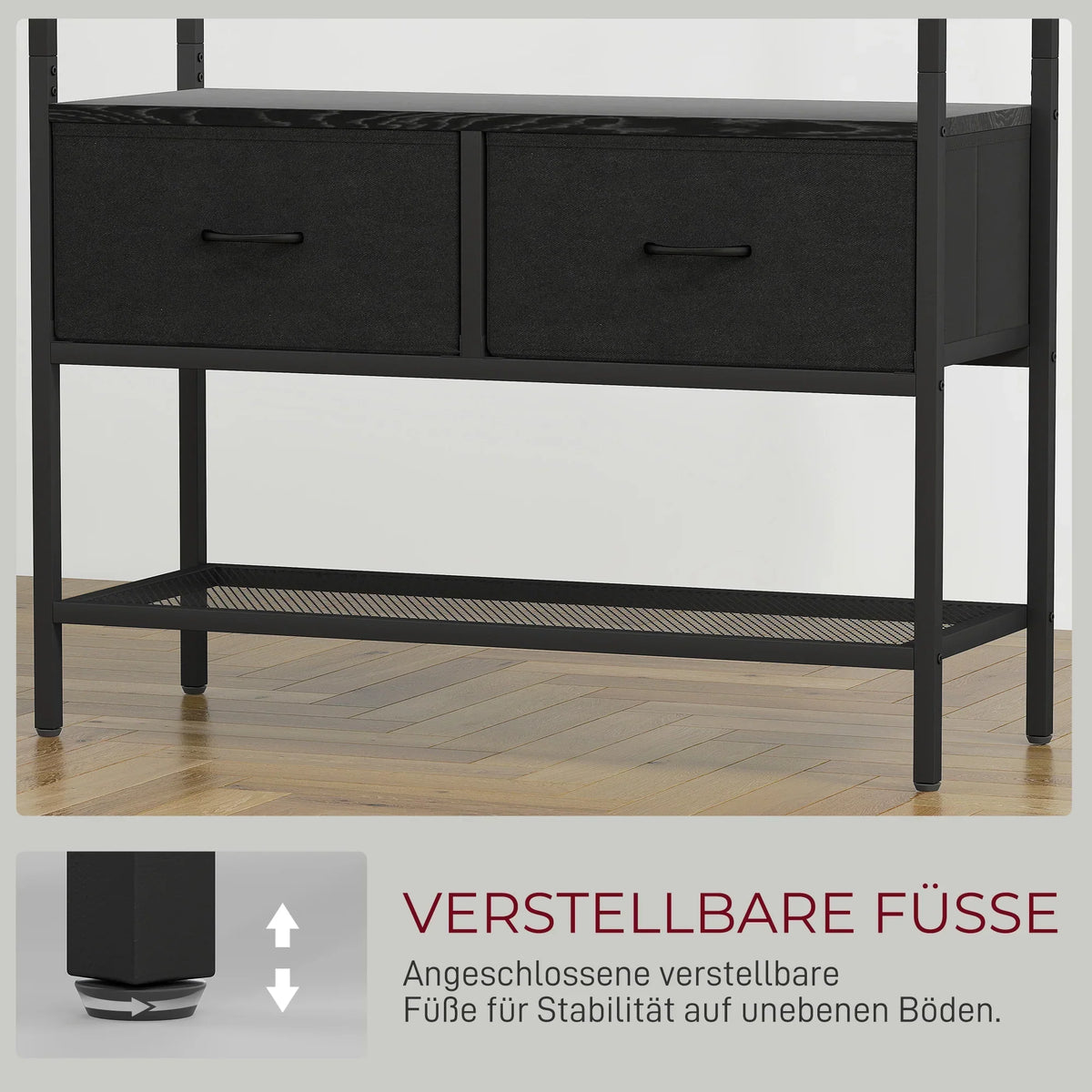 HOMCOM Appendiabiti, Asta Appendiabiti con Scarpiera, 2 Cassetti in Tessuto, Appendiabiti con 8 Ganci, Scaffale, Appendiabiti con Antiribaltamento, per Ingresso, Corridoio, Camera da Letto, Nero