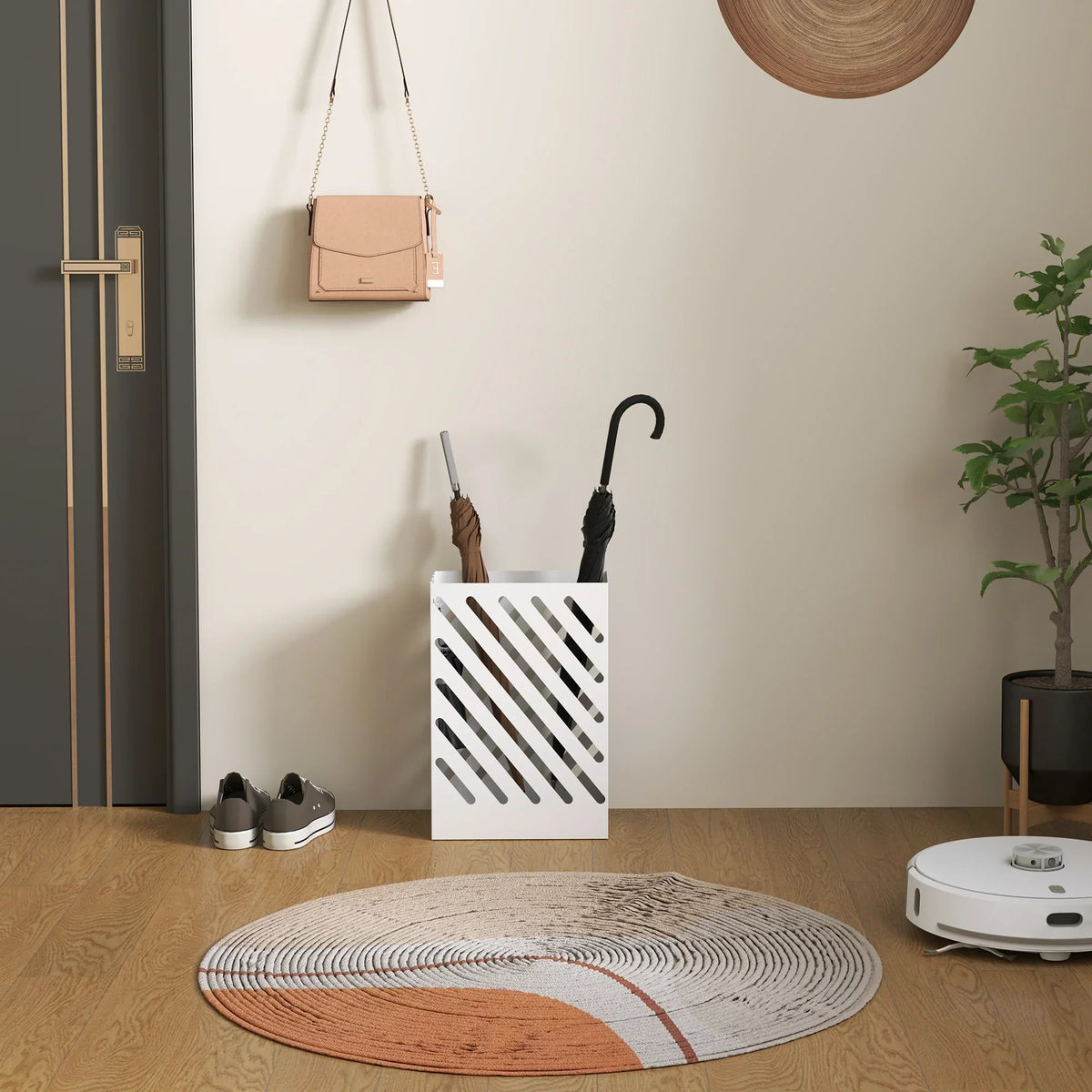 HOMCOM Portaombrelli con 4 Ganci e Vaschetta Raccogligocce Removibile - Portaombrelli per Bastoni da Passeggio e Ombrelli, Acciaio 28 x 14 x 41 cm Bianco