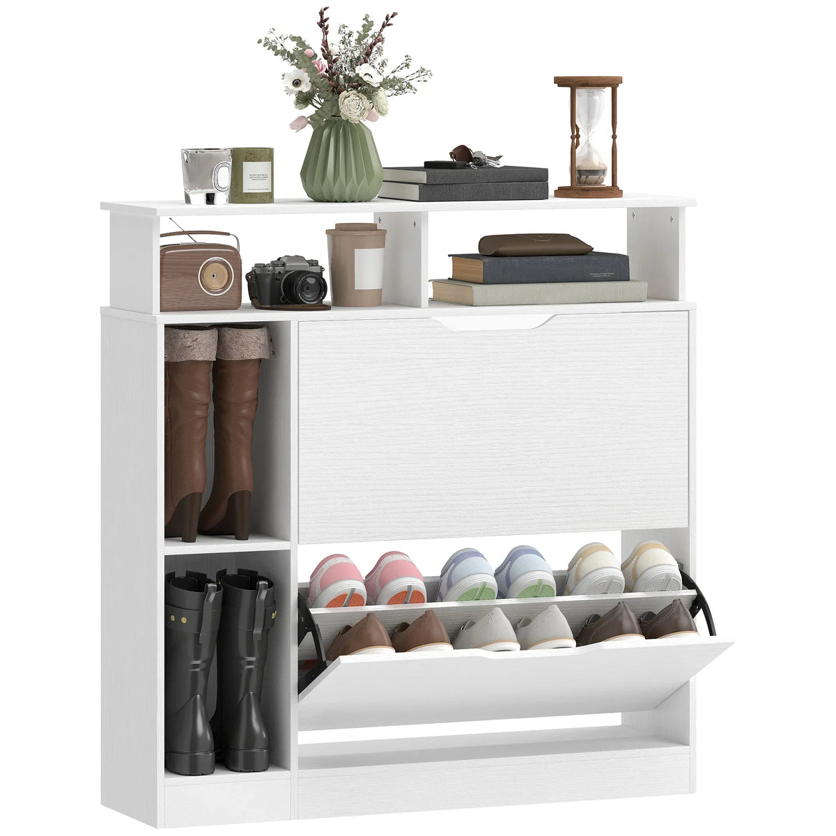 HOMCOM scarpiera stretta con 2 ante a ribalta, scomparti aperti e ripiano regolabile, 89 x 25 x 92 cm, bianco