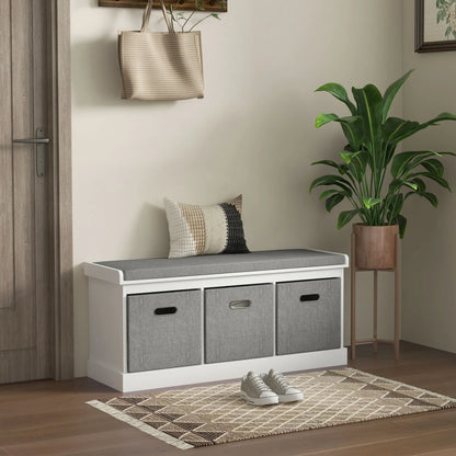HOMCOM Panca Scarpiera da Ingresso con 3 Cassetti, Mobile Contenitore per Scarpe con Rivestimento in Legno e Tessuto, Scarpiera per 3 Paia di Scarpe, per Soggiorno e Corridoio, 105x35x47 cm, Bianco