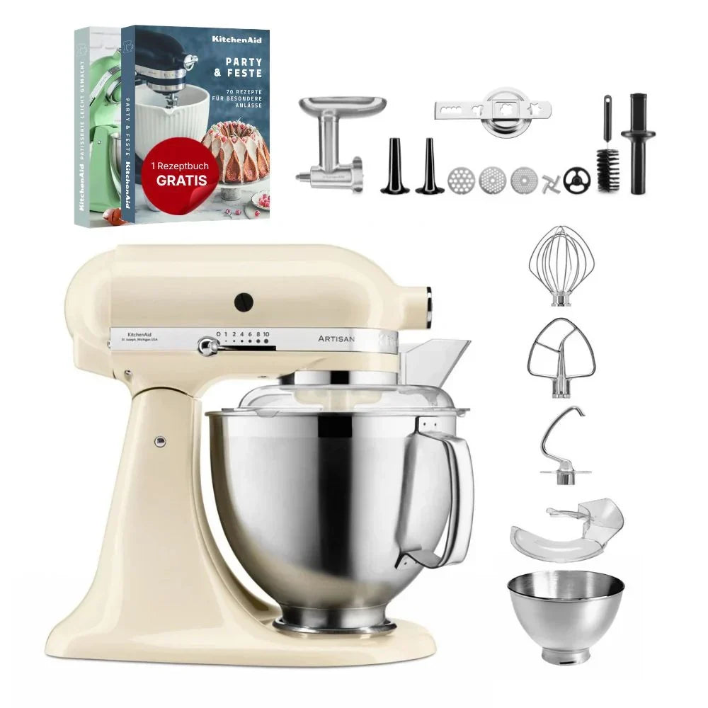 KitchenAid Robot da cucina Artisan 4,8 L 5KSM185 con tritacarne Meatlover in metallo 5KSMMGA misura 8 e accessorio per biscotti spritz