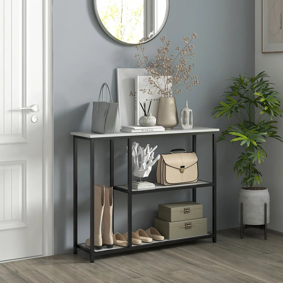 HOMCOM Consolle, Tavolo da Ingresso con 3 Ripiani, 100 x 30 x 80 cm, Tavolino, Piccolo Tavolo Espositivo per Spazi Stretti, Corridoio, Ingresso, Soggiorno, Camera da Letto, Bianco