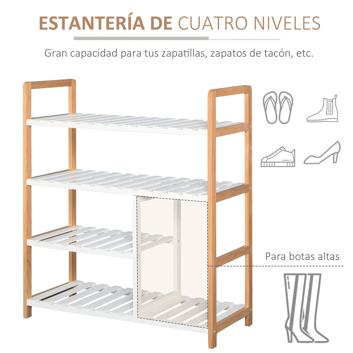 HOMCOM Scarpiera a 4 Ripiani per 11 Paia di Scarpe e Vano per Stivali Alti, in Legno di Pino Massiccio 68x26x78 cm, Bianca