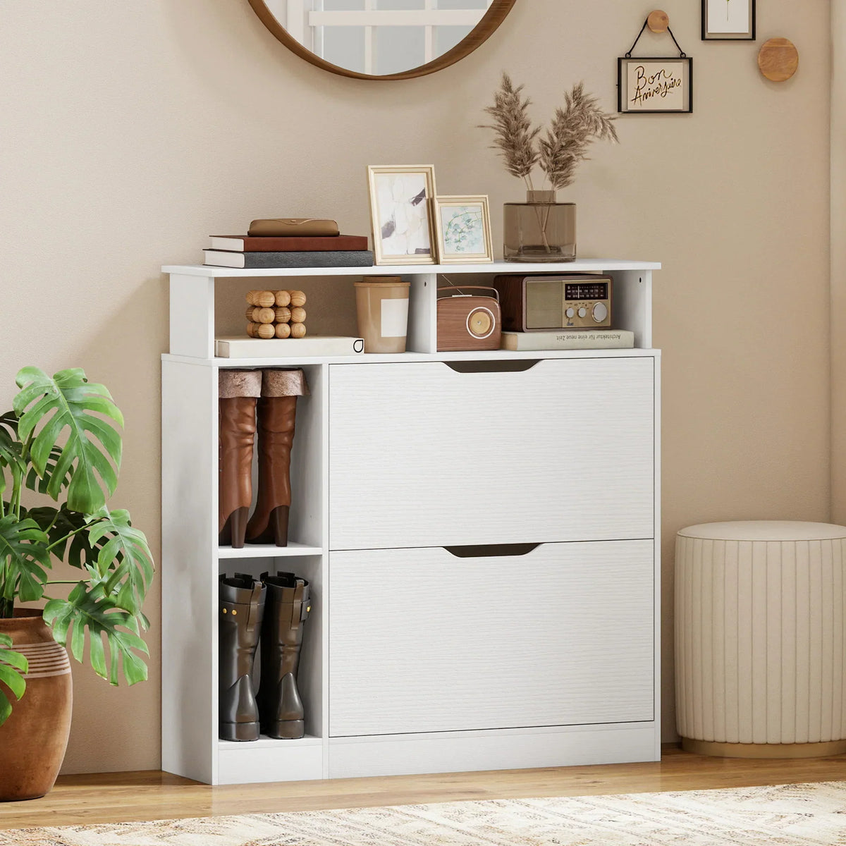 HOMCOM scarpiera stretta con 2 ante a ribalta, scomparti aperti e ripiano regolabile, 89 x 25 x 92 cm, bianco