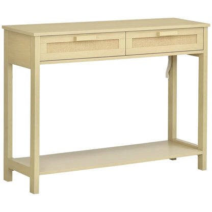 HOMCOM Tavolo Consolle da Ingresso con 2 Cassetti con Superficie in Rattan e Ripiano Inferiore, per Soggiorno o Camera da Letto, Stile Rustico, 100x30x76 cm, Colore Naturale