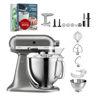 KitchenAid Robot da cucina Artisan 4,8 L 5KSM185 con tritacarne Meatlover in metallo 5KSMMGA misura 8 e accessorio per biscotti spritz