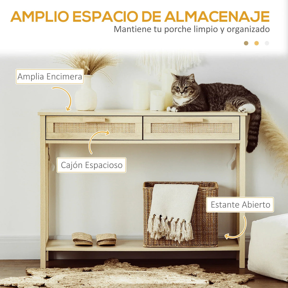 HOMCOM Tavolo Consolle da Ingresso con 2 Cassetti con Superficie in Rattan e Ripiano Inferiore, per Soggiorno o Camera da Letto, Stile Rustico, 100x30x76 cm, Colore Naturale