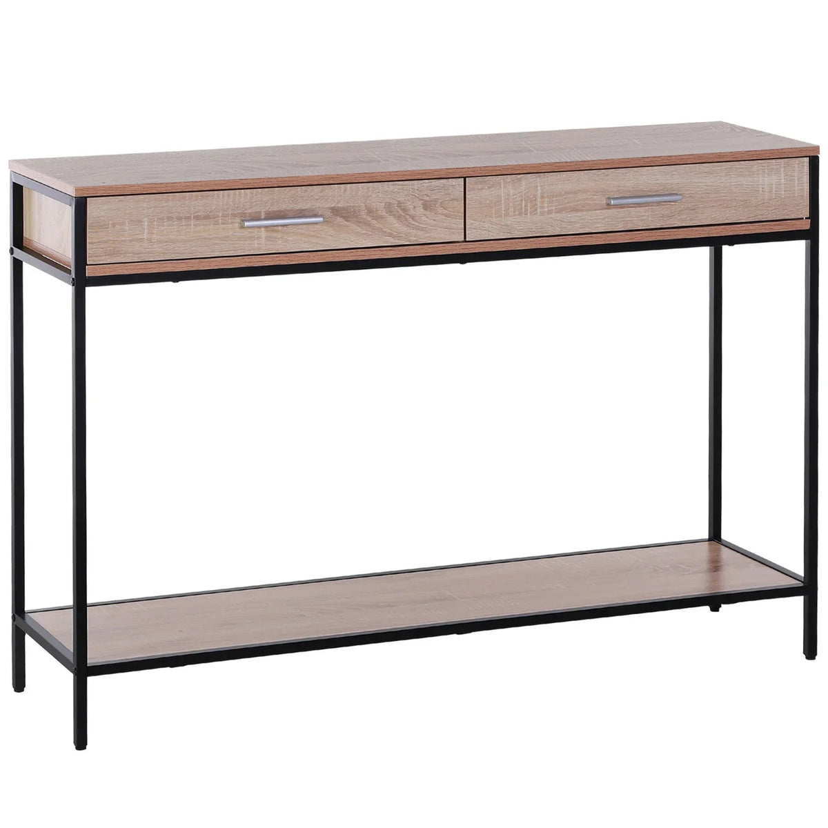 HOMCOM Tavolino Console Stile Industriale con Cassetti e Struttura in Acciaio per Ingresso 120x30x81,5 cm Rovere
