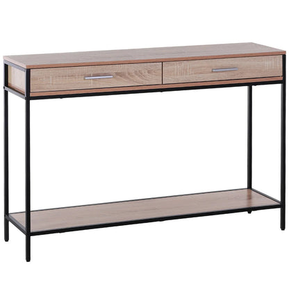 HOMCOM Tavolino Console Stile Industriale con Cassetti e Struttura in Acciaio per Ingresso 120x30x81,5 cm Rovere