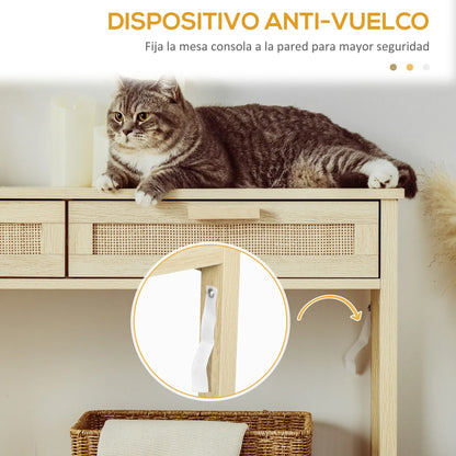 HOMCOM Tavolo Consolle da Ingresso con 2 Cassetti con Superficie in Rattan e Ripiano Inferiore, per Soggiorno o Camera da Letto, Stile Rustico, 100x30x76 cm, Colore Naturale