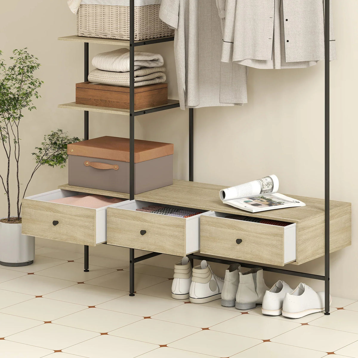 HOMCOM 4-in-1 Appendiabiti Autoportante con Ripiani, Cassetti e Asta Appendiabiti – Effetto Rovere, Struttura in Metallo, Antiribaltamento (H 180 cm)