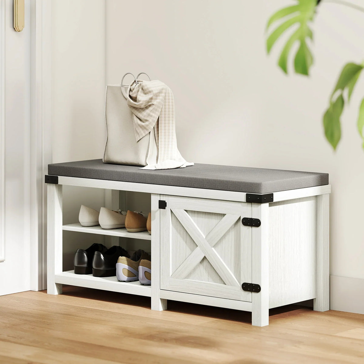 HOMCOM Scarpiera Ingresso con Seduta Panca Porta Scarpe Mobile Scarpiera con Cuscino in Lino per 7 Paia di Scarpe in Legno MDF e Gommapiuma 100x40x48cm Bianco e Grigio