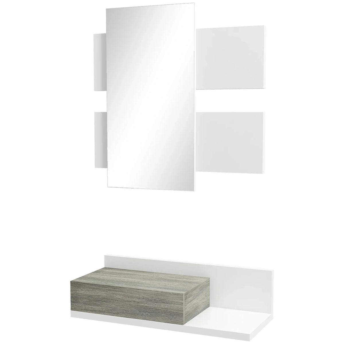 HOMCOM Set da ingresso con specchio e cassetto, montaggio a parete, stile moderno 75x3,5x75 cm e 75x30,5x20 cm Grigio e Bianco