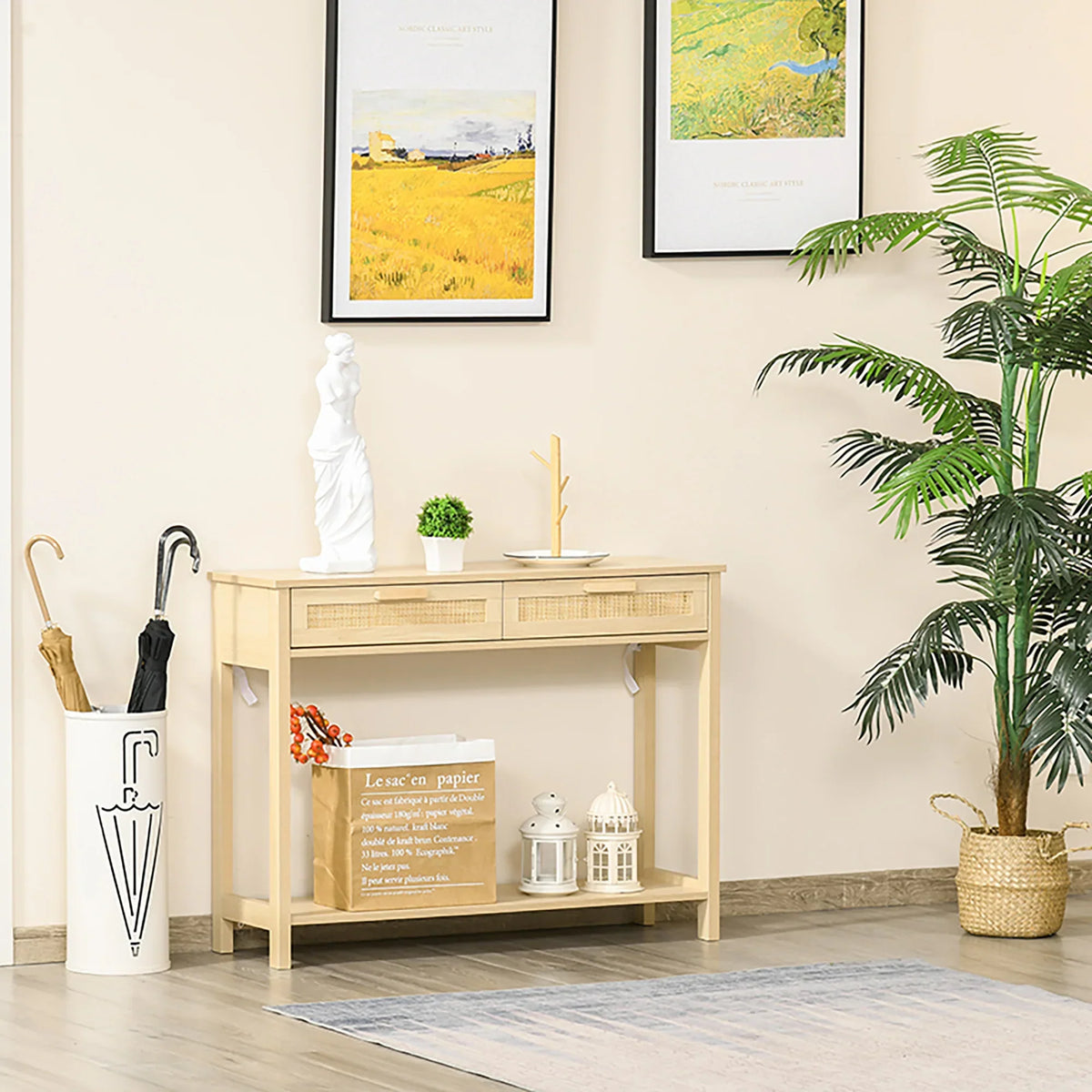 HOMCOM Tavolo Consolle da Ingresso con 2 Cassetti con Superficie in Rattan e Ripiano Inferiore, per Soggiorno o Camera da Letto, Stile Rustico, 100x30x76 cm, Colore Naturale