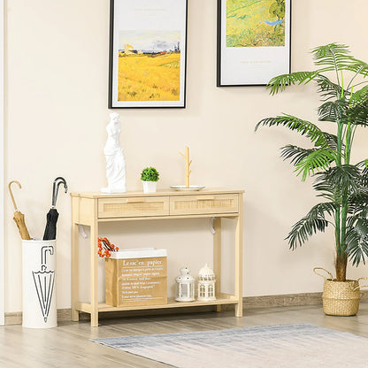 HOMCOM Tavolo Consolle da Ingresso con 2 Cassetti con Superficie in Rattan e Ripiano Inferiore, per Soggiorno o Camera da Letto, Stile Rustico, 100x30x76 cm, Colore Naturale