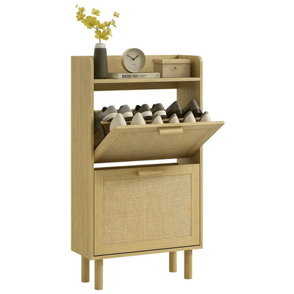 HOMCOM Scarpiera per Ingresso in Stile Bohemien - Scarpiera per 18 Paia di Scarpe con 2 Cassetti a Ribalta e 1 Scaffale Aperto - Scarpiera Sottile per Corridoio 80x24,5x110 cm Quercia