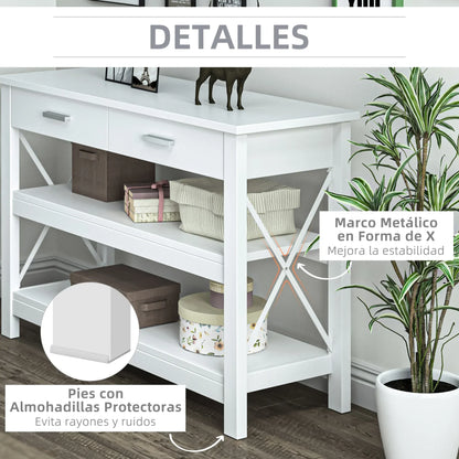 HOMCOM Consolle da Ingresso con 2 Cassetti e Ripiano Inferiore, Tavolino da Divano con Struttura in Metallo in Stile Moderno, 105x40x76 cm, Bianco