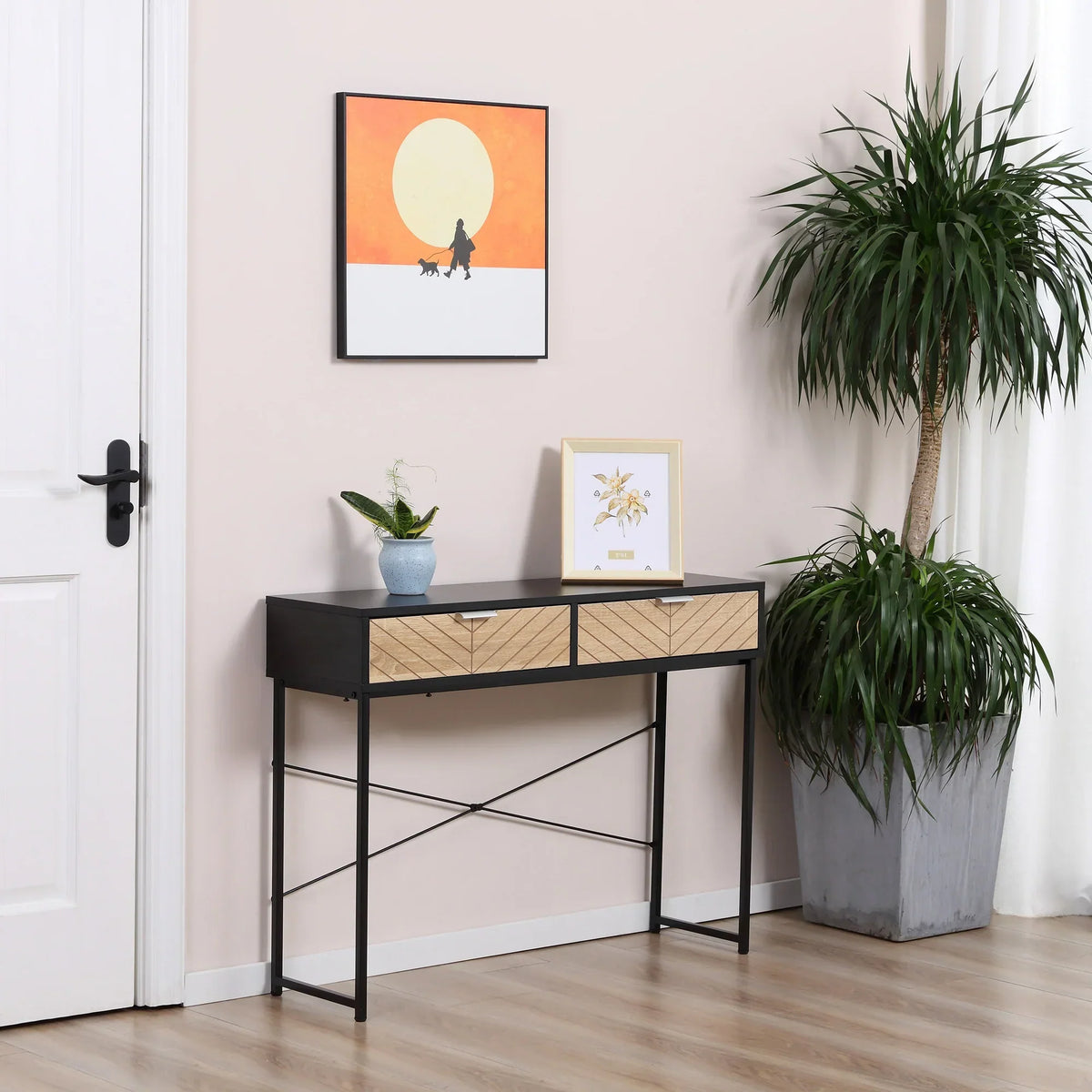 HOMCOM Consolle Stretta da Ingresso con 2 Cassetti, Linee Intagliate, Design Moderno per Corridoio, Ingresso, Soggiorno e Camera da Letto, 100x30x75 cm, Nero e Rovere