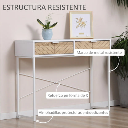 HOMCOM Consolle Stretta per Ingresso con 2 Cassetti, Design Moderno con Linee a Rilievo per Corridoio, Salotto e Camera da Letto 100x30x75 cm Bianco e Rovere