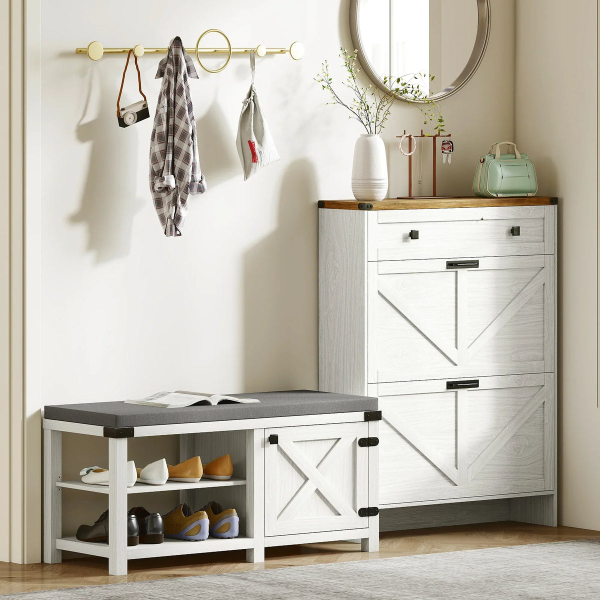 HOMCOM Scarpiera Ingresso con Seduta Panca Porta Scarpe Mobile Scarpiera con Cuscino in Lino per 7 Paia di Scarpe in Legno MDF e Gommapiuma 100x40x48cm Bianco e Grigio