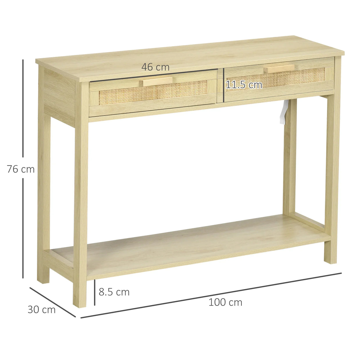 HOMCOM Tavolo Consolle da Ingresso con 2 Cassetti con Superficie in Rattan e Ripiano Inferiore, per Soggiorno o Camera da Letto, Stile Rustico, 100x30x76 cm, Colore Naturale