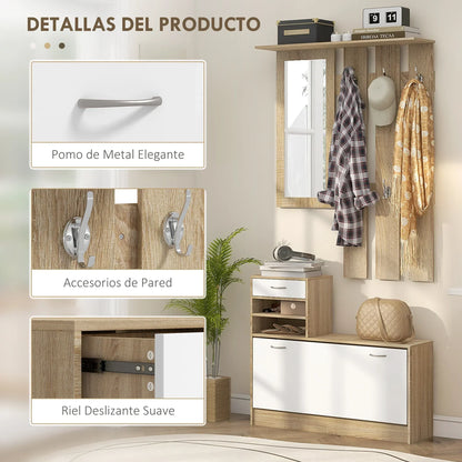 HOMCOM Organizer da Ingresso con Specchio, Appendiabiti e Scarpiera - Set di Mobili a 2 Pezzi per l'Ingresso con 6 Ganci, Ripiani e Cassetto a Ribalta per un Ingresso Naturale